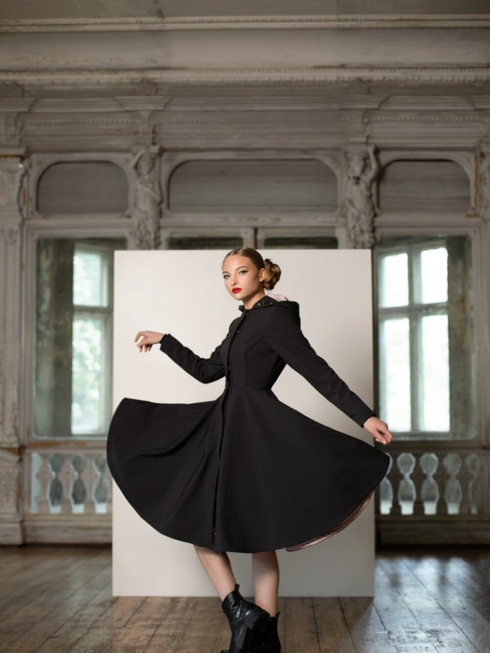 RainSisters Fit & Flare Coat with Full Circle Skirt in Black & Ash Pink